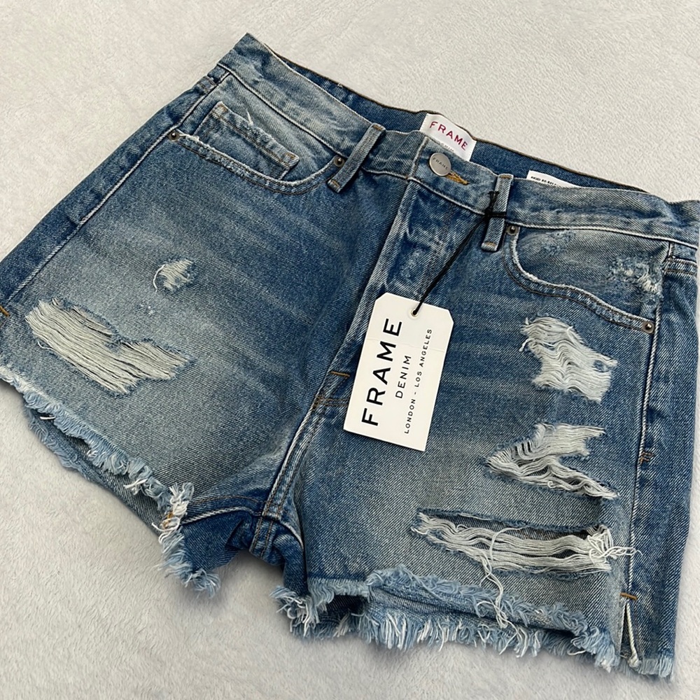 Frame Fly Button 29, 8 Distressed Troubadour 100% Cotton Denim Jean Shorts